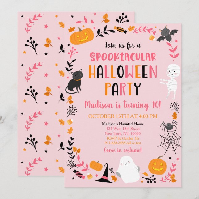Mädchen Halloween Spooktacular Geburtstag Einladung (Vorne/Hinten)