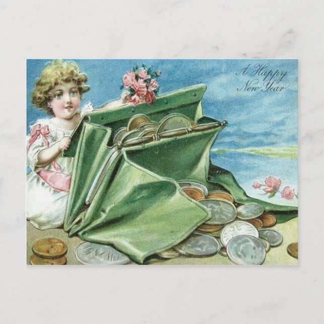 Mädchen Handtasche Münzen Geld Rose Postkarte (Vorderseite)