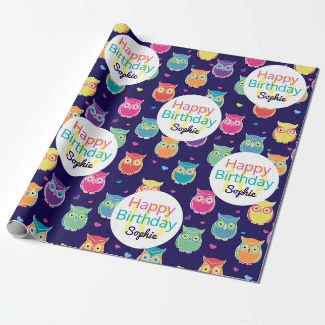 Mädchen Happy Birthday Blue Owl Muster Personalisi Geschenkpapier (Ungerollt)