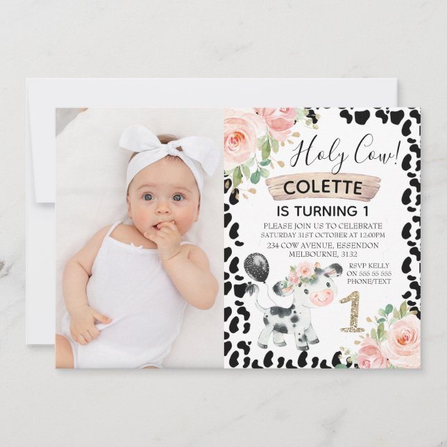 Mädchen Heilige Kuh und Kuh Print Foto 1. Geburtst Einladung (Vorderseite)