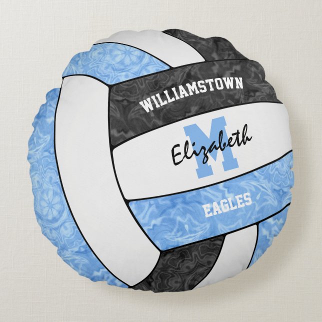 Mädchen hellblaue schwarze Volleyballmannschaft Rundes Kissen (Vorderseite)