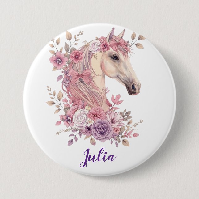 Mädchen Hübsche Ponys Pastell Blumen Pferd Button (Vorderseite)