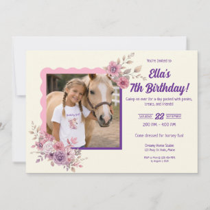 Mädchen Hübsche Ponys Pastell Blumen Pferd Foto Einladung