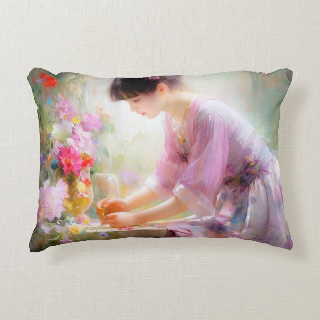 Mädchen im Blumengarten Dekokissen (Vorderseite)