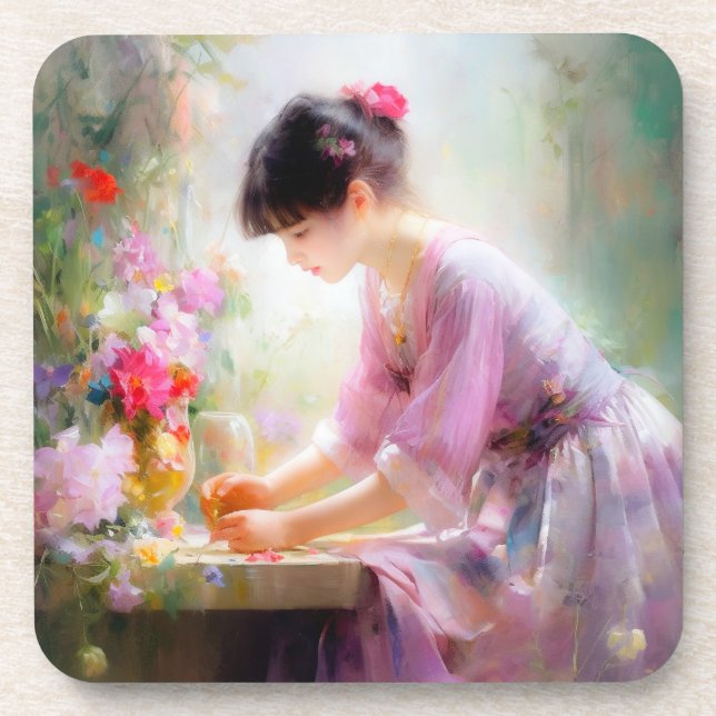 Mädchen im Blumengarten Getränkeuntersetzer (Vorderseite)