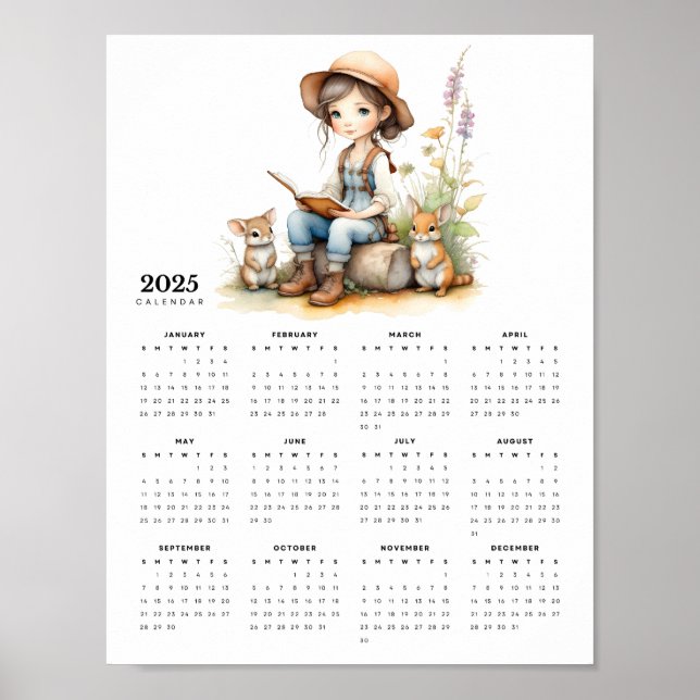 Mädchen im Blumengarten Reads Rabbits 2025 Kalende Poster (Vorne)