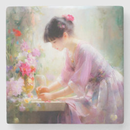 Mädchen im Blumengarten Steinuntersetzer