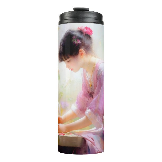Mädchen im Blumengarten Thermosbecher (Vorderseite)