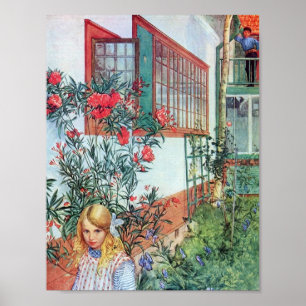 Mädchen im Garten mit roten Blume Poster