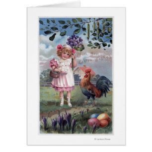 Mädchen im Rosa, das lila Blumen hält