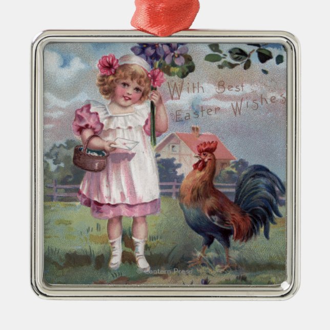 Mädchen im Rosa, das lila Blumen hält Silbernes Ornament (Vorne)
