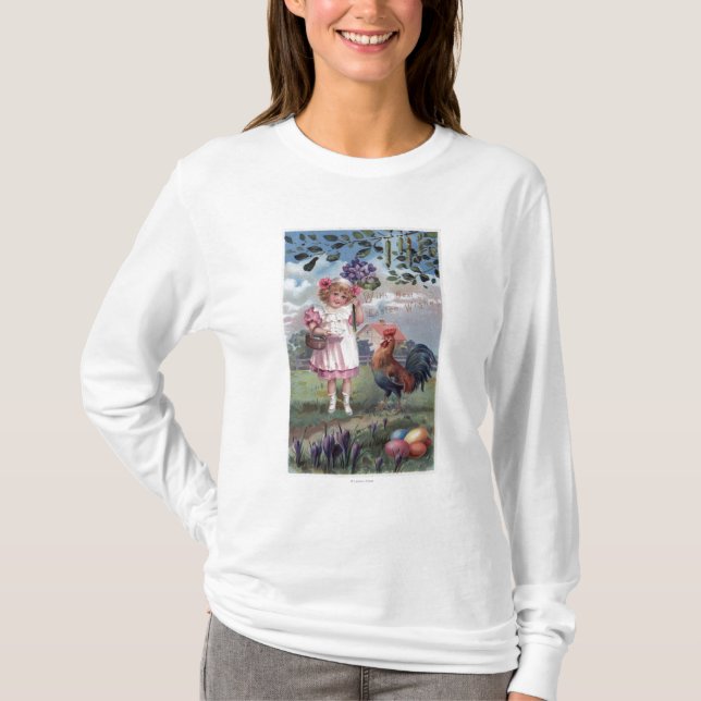 Mädchen im Rosa, das lila Blumen hält T-Shirt (Vorderseite)