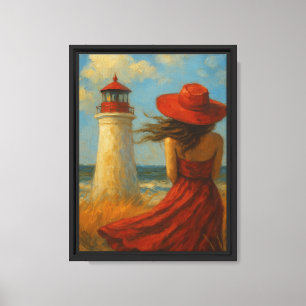 Mädchen im roten Kleid am Leuchtturm am Meer Leinwanddruck