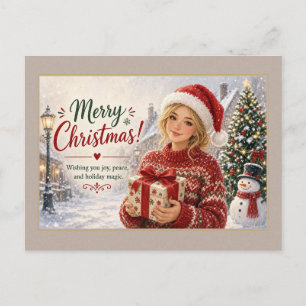 Mädchen im roten Pullover hält Geschenk-Postkarte Postkarte