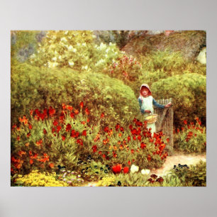 Mädchen im üppigen viktorianischen Garten Poster