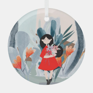 Mädchen im Wald, grüner Cartoon. Ornament Aus Glas