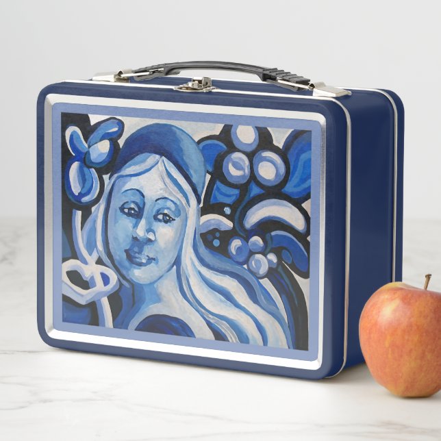 Mädchen in einer blauen Hutkunstdarstellung Metall Lunch Box (Beispiel)