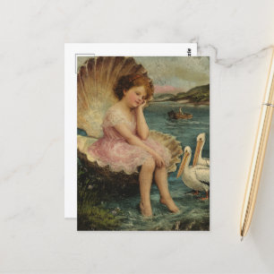 Mädchen in einer Muschel und Pelikane Postkarte