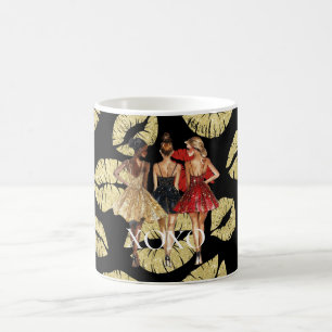 Mädchen in glamourösen goldenen schwarzen roten Kl Kaffeetasse