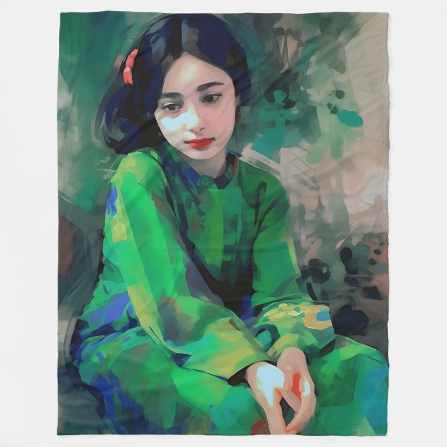 Mädchen in grünem Kleid Fleecedecke (Vorderseite)