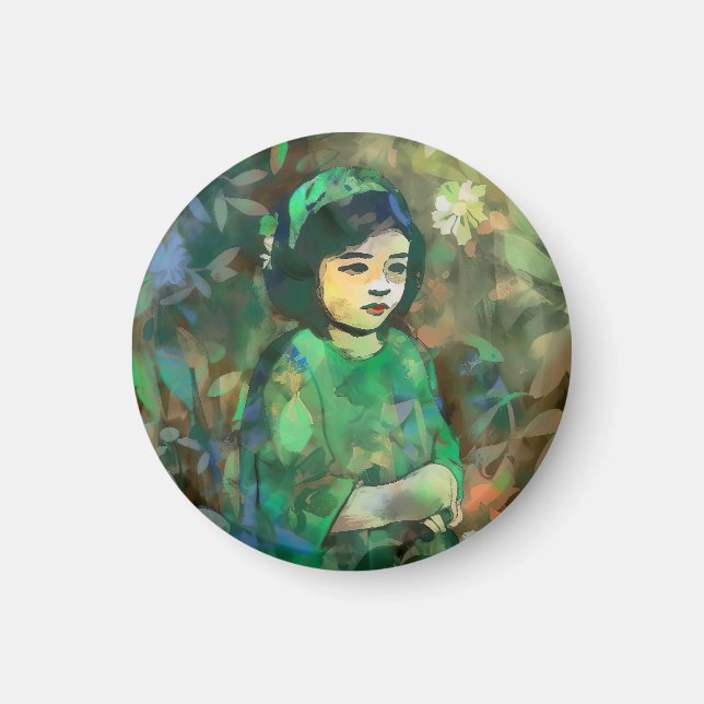 Mädchen in grünem Kleid Magnet (Vorne)