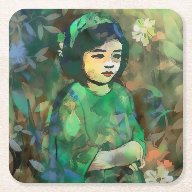 Mädchen in grünem Kleid Rechteckiger Pappuntersetzer (Vorderseite)
