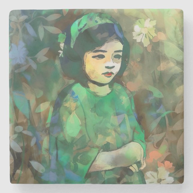 Mädchen in grünem Kleid Steinuntersetzer (Vorderseite)