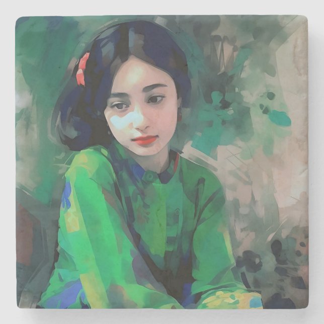 Mädchen in grünem Kleid Steinuntersetzer (Vorderseite)