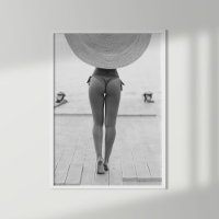 Mädchen in Hut am Strand Schwarz und Weiß Print