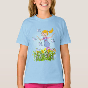 Mädchen in Narzissen jagen Vögel Frühling T - Shir T-Shirt
