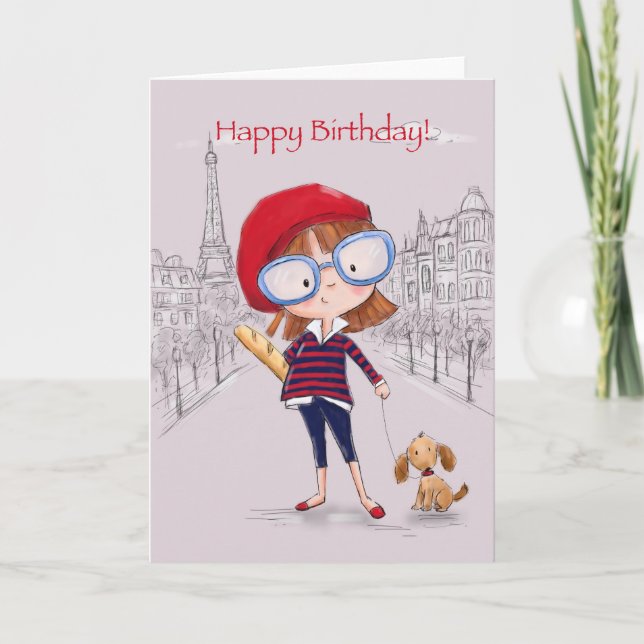 Mädchen in Paris mit einem kleinen Hund, Happy Bir Karte (Vorderseite)
