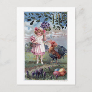 Mädchen in Pink Holding violette Blumen Postkarte