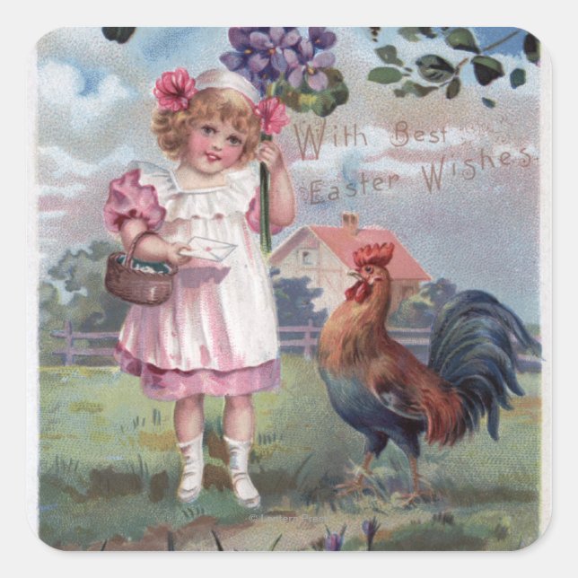 Mädchen in Pink Holding violette Blumen Quadratischer Aufkleber (Vorderseite)