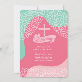Mädchen in Pink und Sea Green mit Cross Christenin Einladung