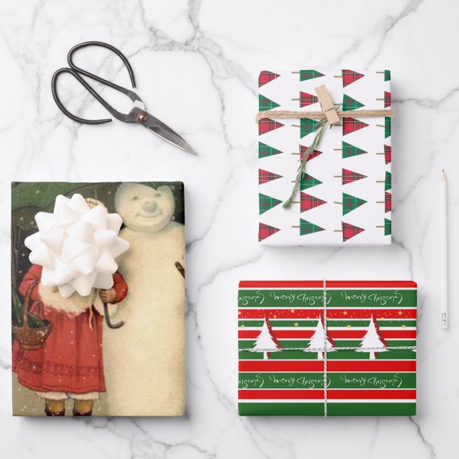 Mädchen in Red Coat mit Snowman Karierte Bäume Geschenkpapier Set (Vorderseite)