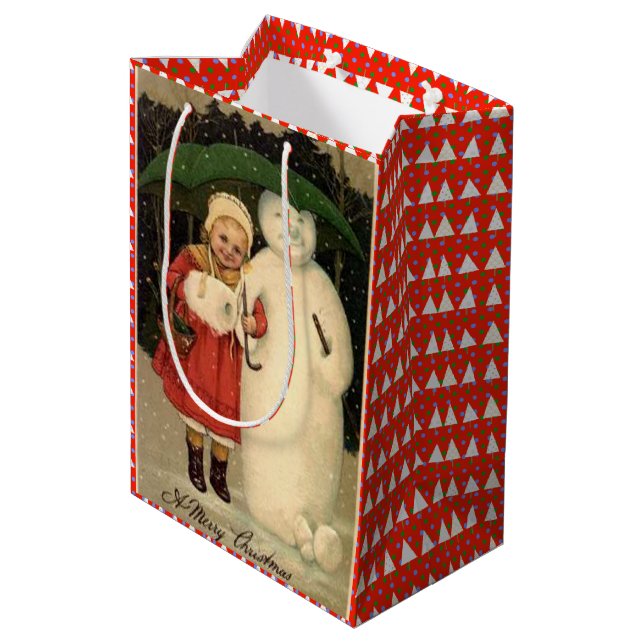 Mädchen in Red Coat mit Snowman, weiße Weihnachten Mittlere Geschenktüte (Rückseite Schrägansicht)