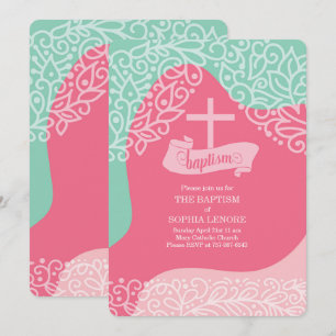 Mädchen in Rosa und Sea Green mit Kreuztaufen Einladung