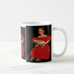 Mädchen in Rot mit ihrem Katzen und Hund Kaffeetasse