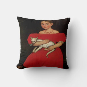 Mädchen in Rot mit ihrem Katzen und Hund Kissen