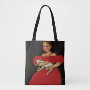 Mädchen in Rot mit ihrem Katzen und Hund Tasche