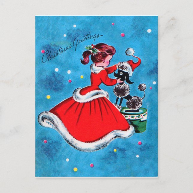 Mädchen in rotem Kleid, das ihren Hund auf Weihnac Postkarte (Vorderseite)