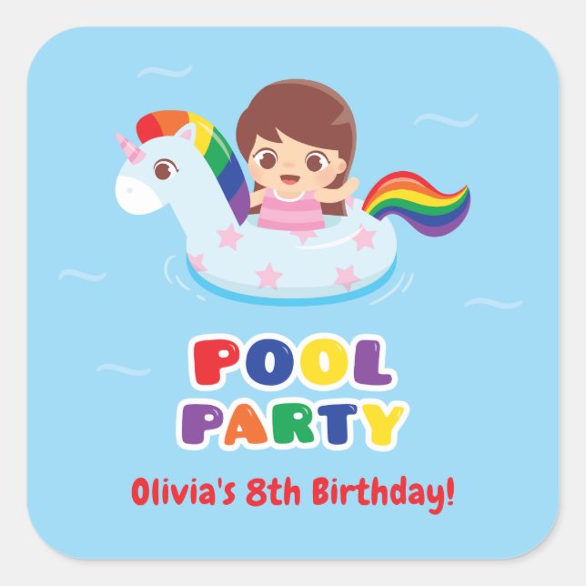 Mädchen in Unicorn Float Pool Geburtstagsparty Sti Quadratischer Aufkleber (Vorderseite)
