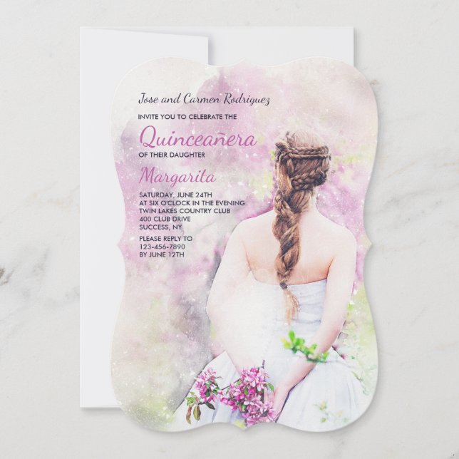 Mädchen in weißem Kleid Quinceañera Einladung (Vorderseite)
