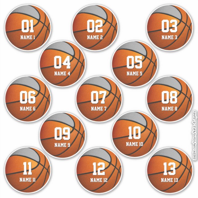 Mädchen Jungen orange graues Set von 13 Basketball Aufkleber (Vorderseite)