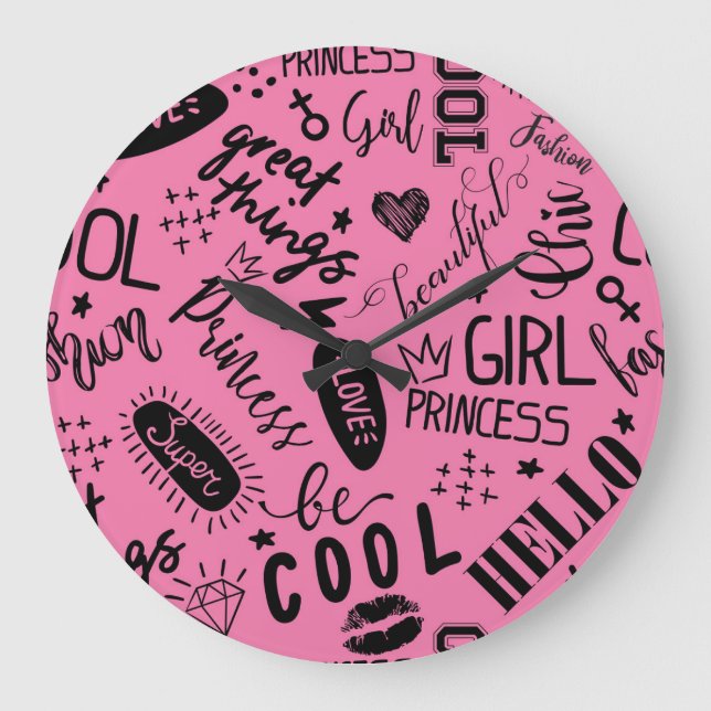 Mädchen kalligrafisch: Nahtloses Modedesign Große Wanduhr (Vorderseite)