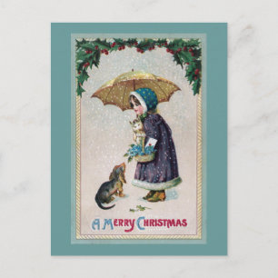 Mädchen, Katze & Hund unter einem Regenschirm im S Postkarte