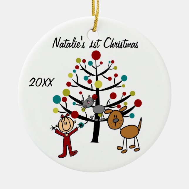 Mädchen, Katze, Hunde1. Weihnachten fertigte Keramik Ornament (Vorne)