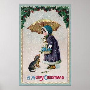 Mädchen, Katze u. Hund unter Regenschirm im Schnee Poster
