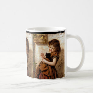 Mädchen, Kitty-Katze u. Vogel - Vintage Malerei Kaffeetasse