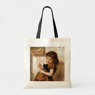 Mädchen, Kitty-Katze u. Vogel - Vintage Malerei Tragetasche